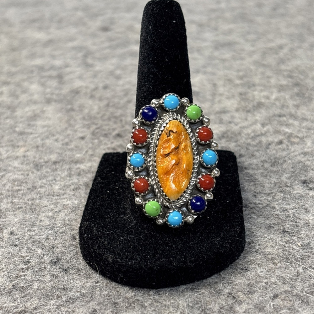 Vtg Running Bear Navajo Sterling Silver Amber Multi Stone Cluster Ring Size 8.75